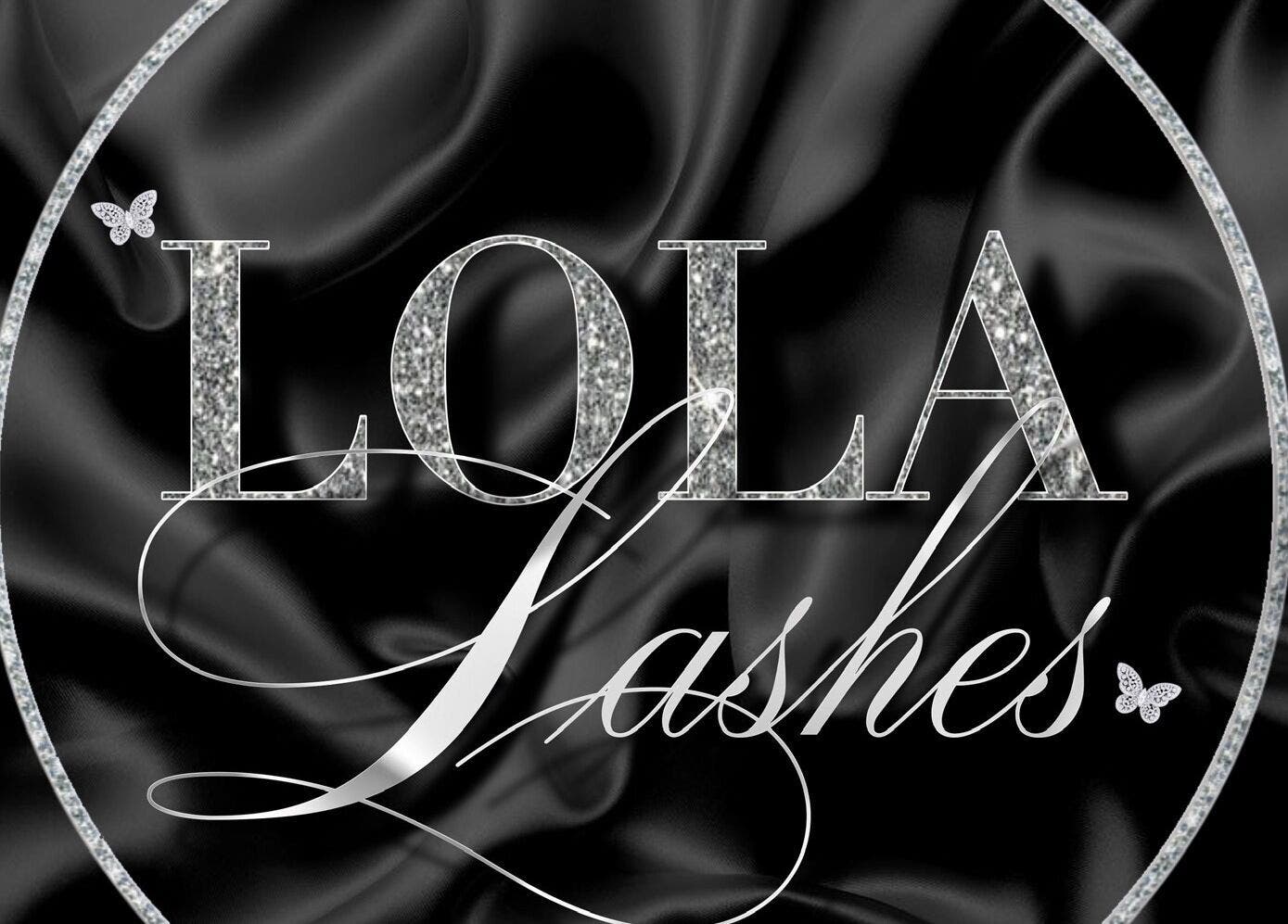 Sophisticated Lola Lashes logo on a black silk background at Southend-on-Sea, England, GB.