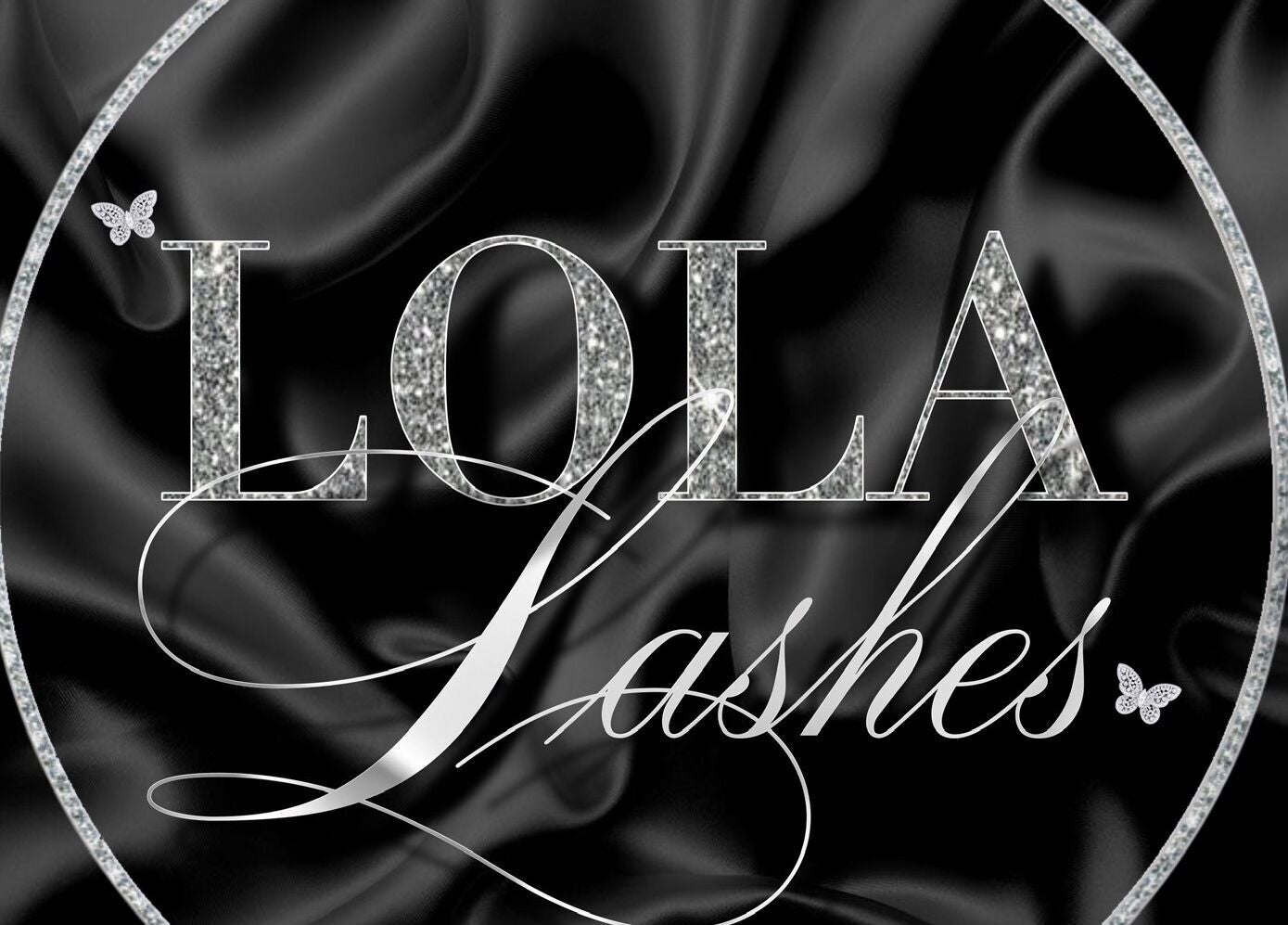 Sophisticated Lola Lashes logo on a black silk background at Southend-on-Sea, England, GB.