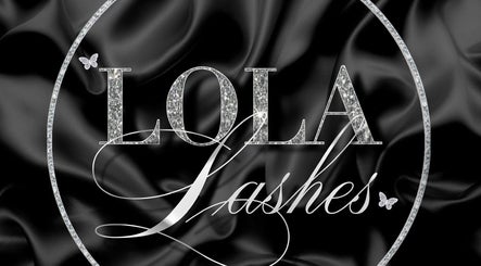 Sophisticated Lola Lashes logo on a black silk background at Southend-on-Sea, England, GB.