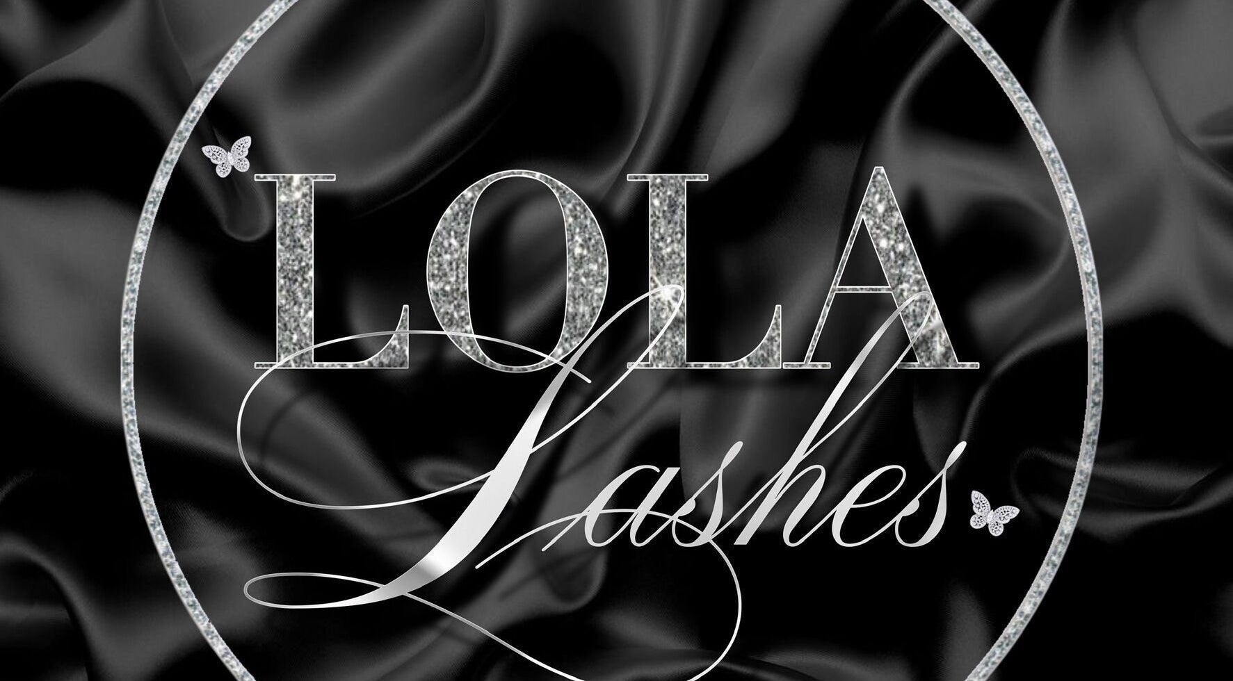 Sophisticated Lola Lashes logo on a black silk background at Southend-on-Sea, England, GB.