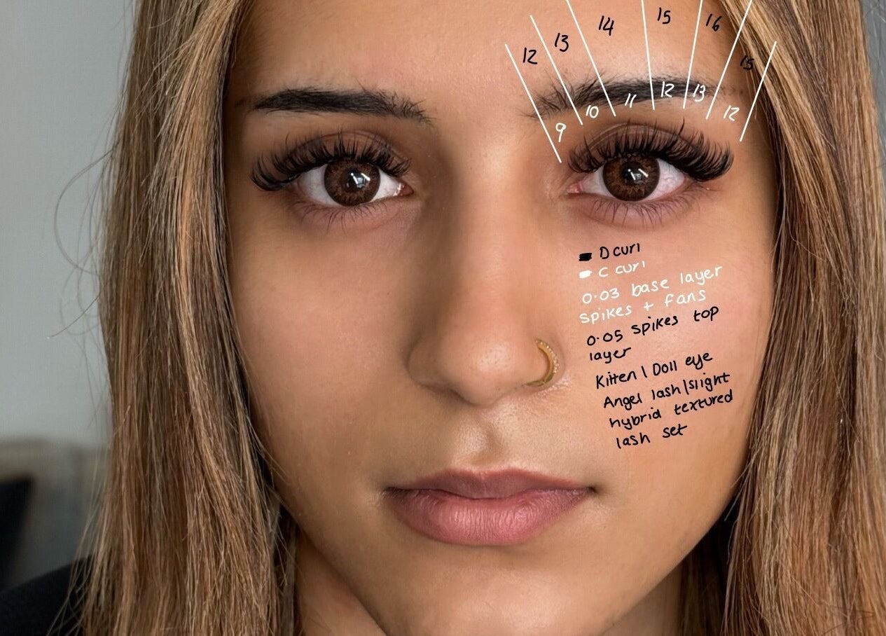 Lash styling options at Lola Lashes, Southend-on-Sea, England, GB, detailed over a model's eye.