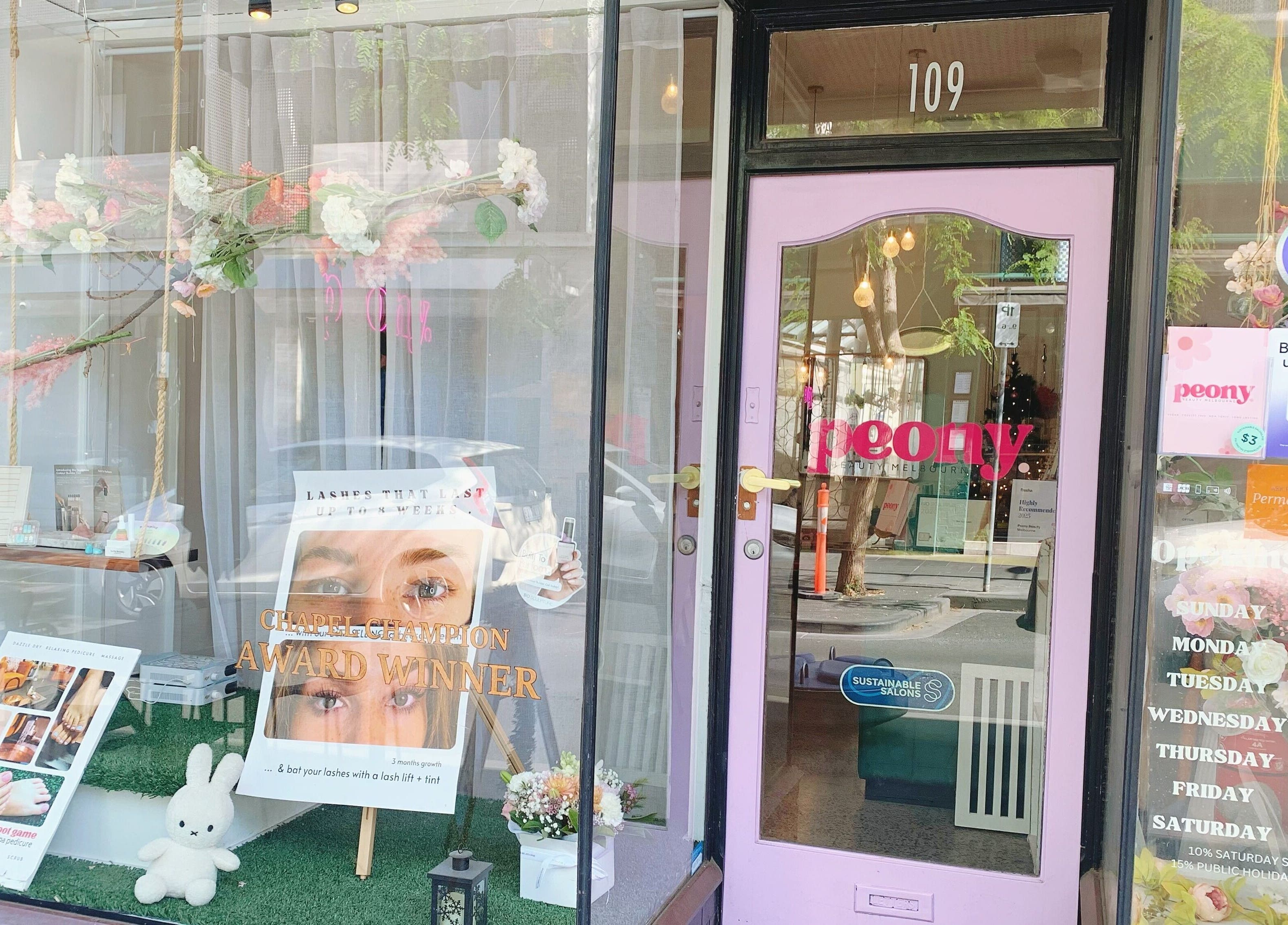 Entrance of Peony Beauty Melbourne in Prahran, Victoria, AU, showcasing vibrant decor and welcoming ambiance.