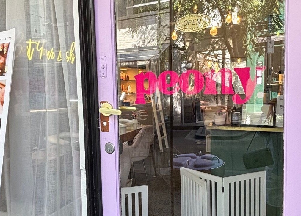 Front entrance of Peony Beauty Melbourne in Prahran, Victoria, AU, displaying beauty services signage.