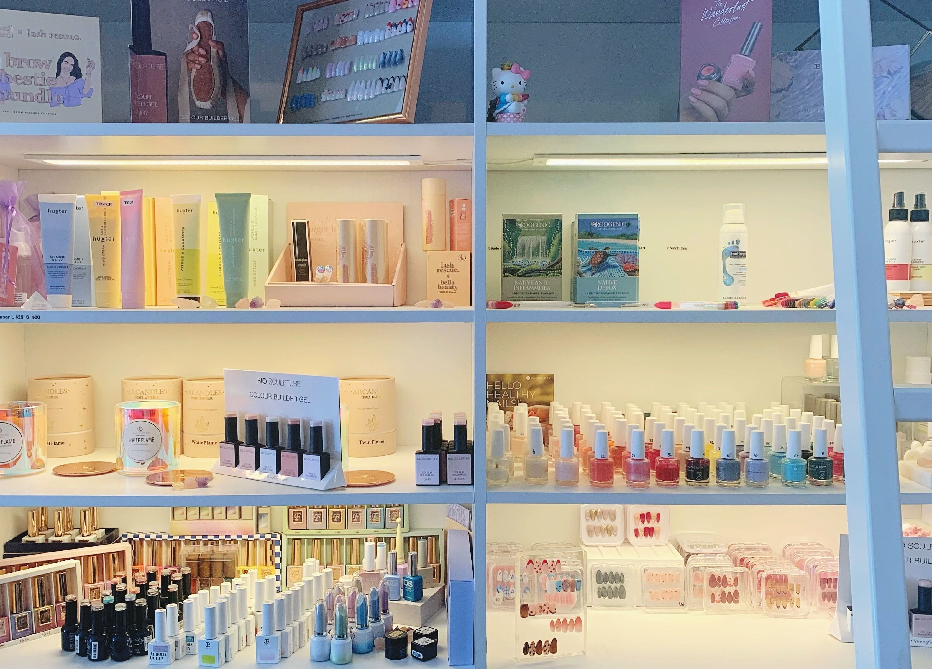 Variety of beauty products on display at Peony Beauty Melbourne, Prahran, Victoria, AU salon.