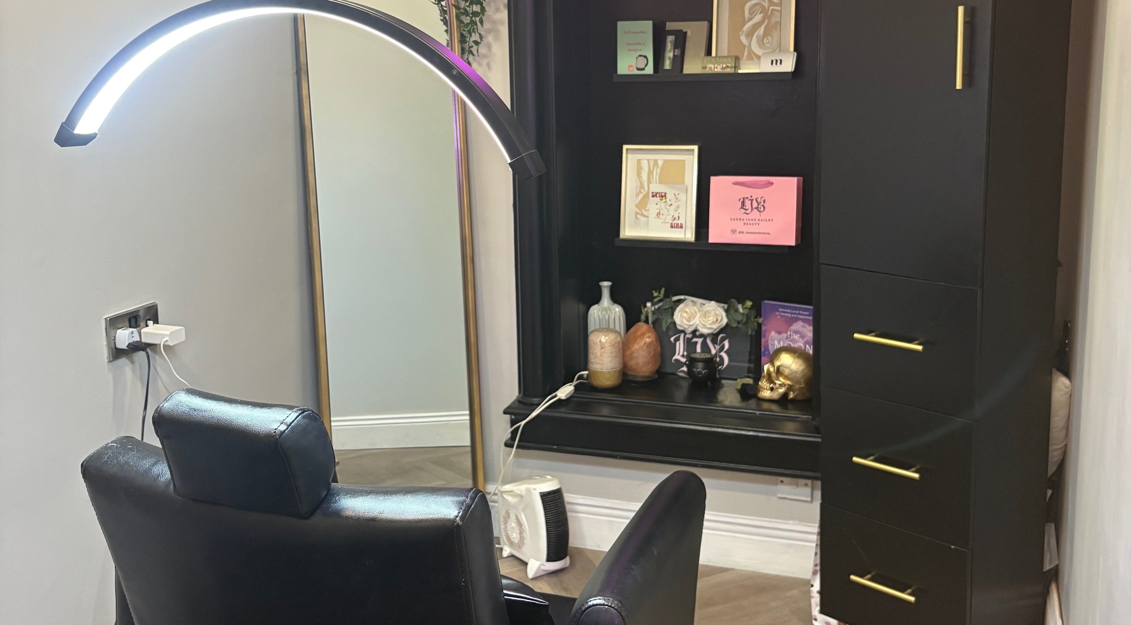 Cozy makeup station at LJB Makeup and Beauty, New Ross, County Wexford, IE with stylish decor and lighting.