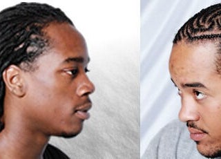 Stylish braids at Aamavi Hair Braiding, Charlotte, North Carolina, US. Two men showcasing intricate hairstyles.