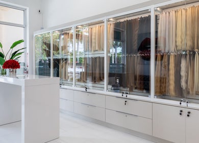 Modern hair extension display at Beauty Locks Hair Extensions in North Miami Beach, Florida, US.