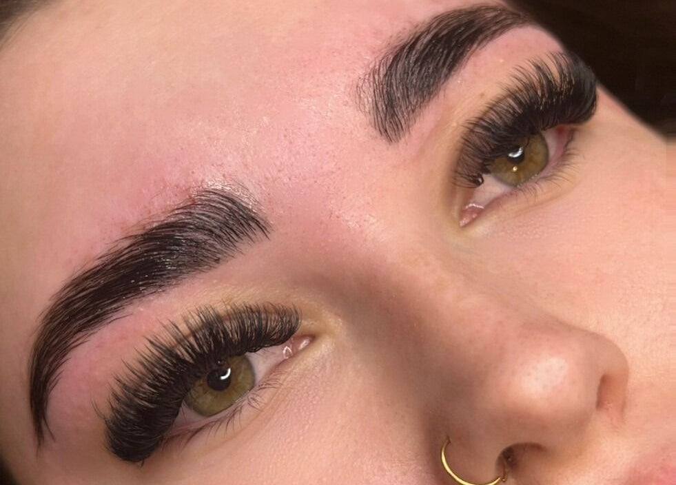 Close-up of styled eyebrows and lashes at Peak In Beauty, Combs, England, GB.