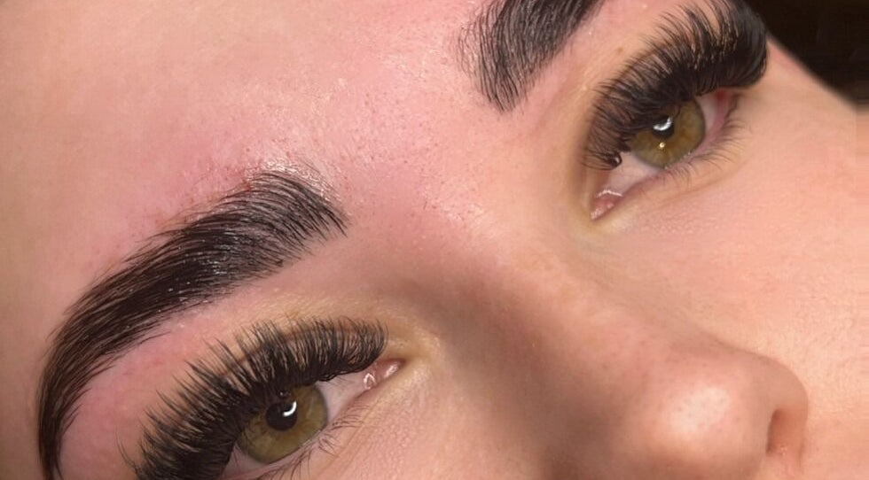 Close-up of styled eyebrows and lashes at Peak In Beauty, Combs, England, GB.