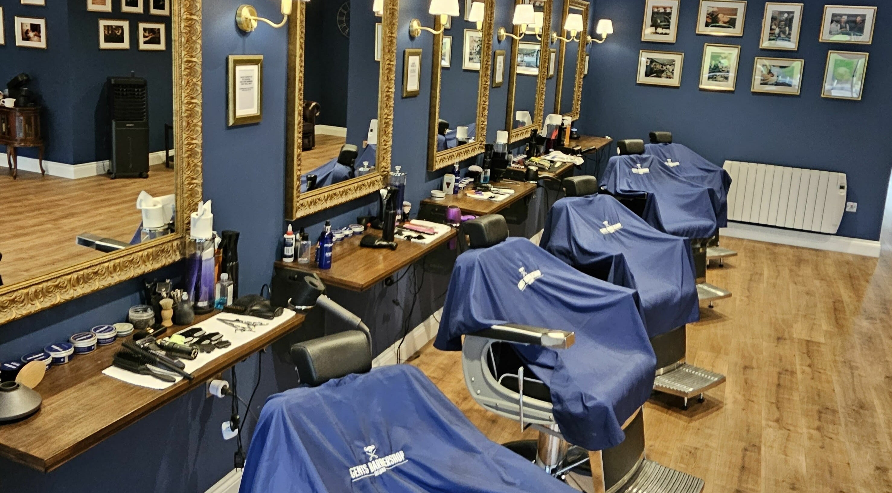 Elegant interior of Gents Barbershop Ireland, Dublin. Neatly arranged tools and chairs in County Dublin, IE.