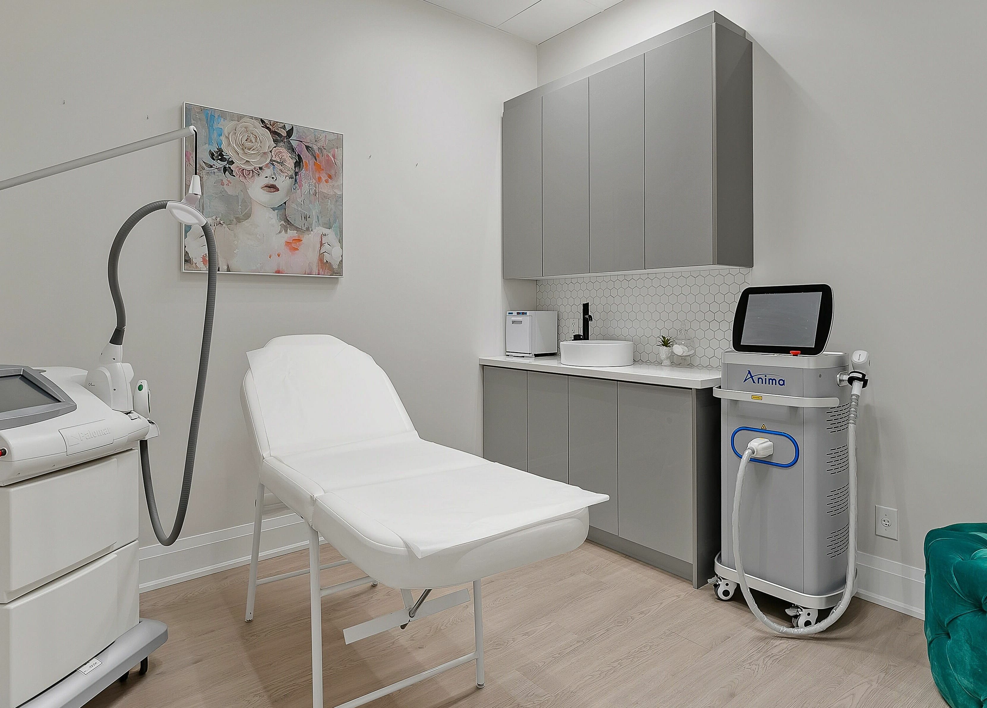 Modern treatment room at TS Skin Clinic and Wellness, Oakville, Ontario, CA, featuring advanced skincare equipment.