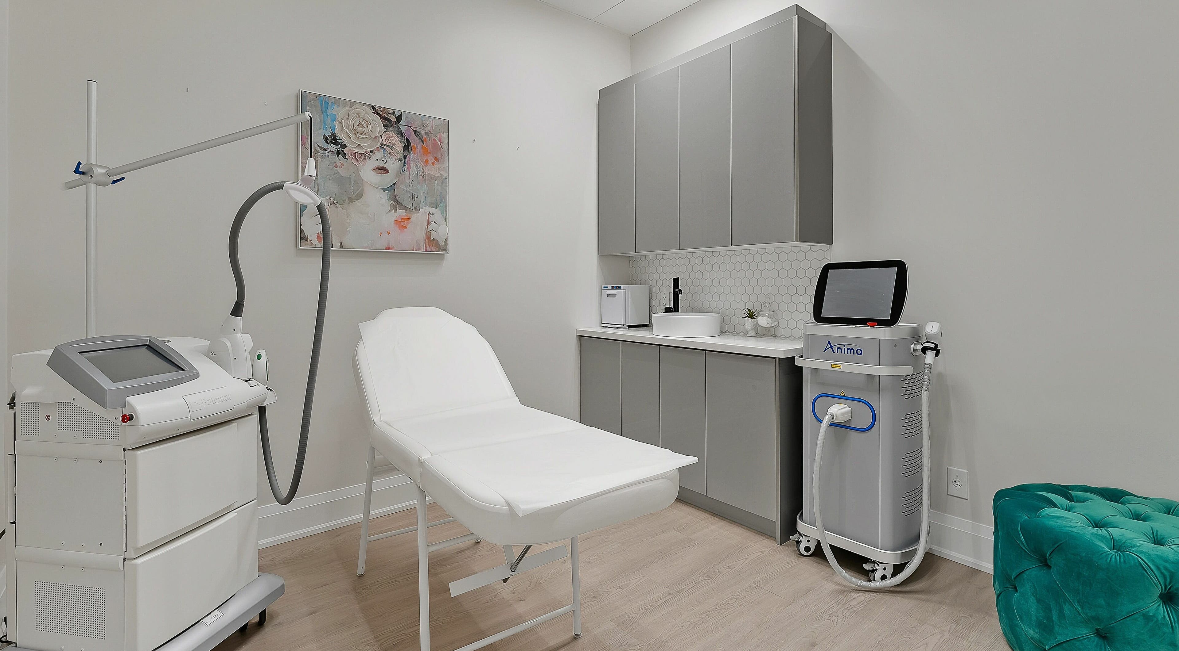 Modern treatment room at TS Skin Clinic and Wellness, Oakville, Ontario, CA, featuring advanced skincare equipment.