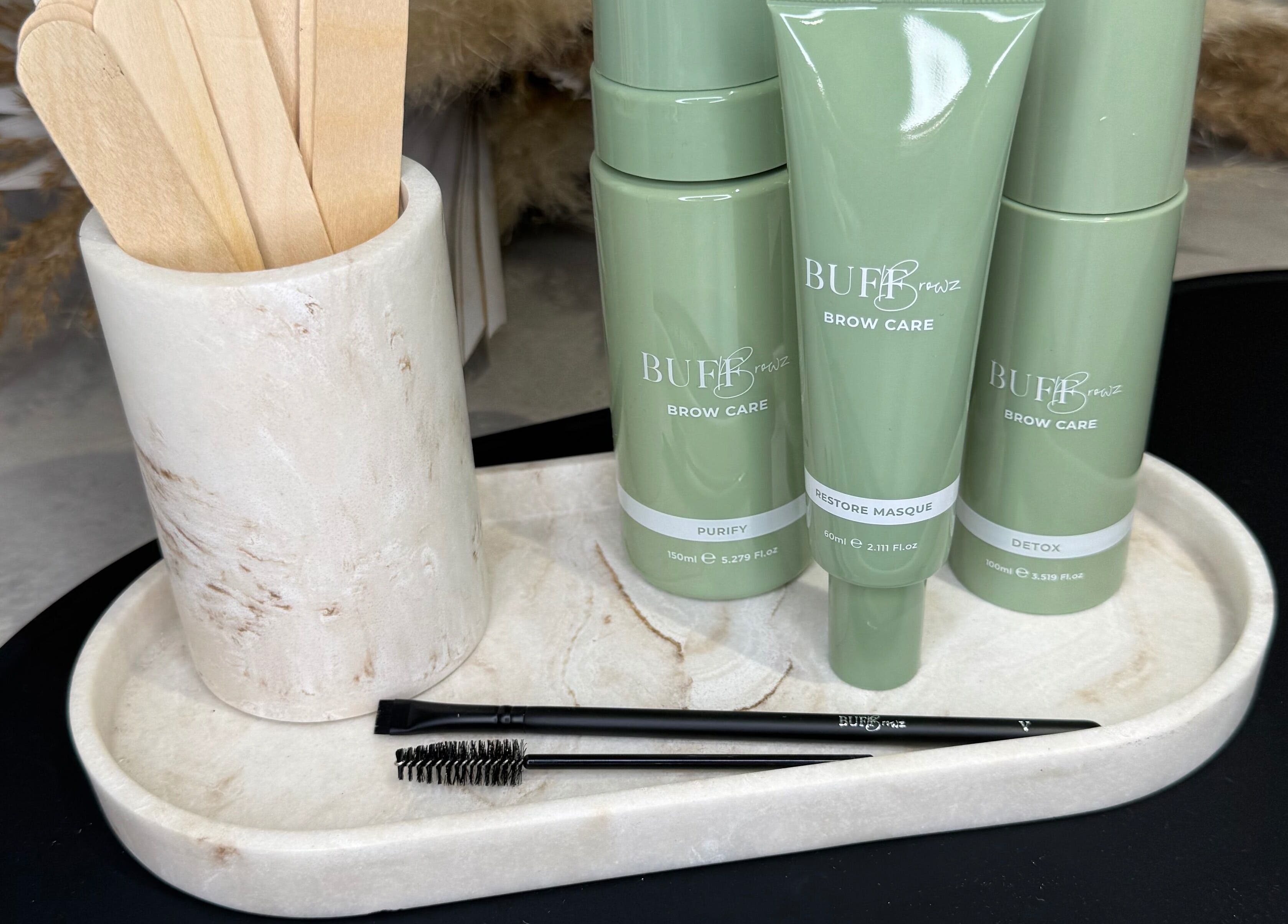 Brow care products at The Brow Box, Donington le Heath, England, GB, showcasing premium beauty essentials.