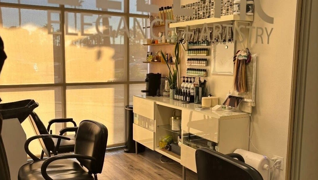 Interior of Elletic Salon Suite in Brea, California, US, showcasing modern decor and styling chairs.