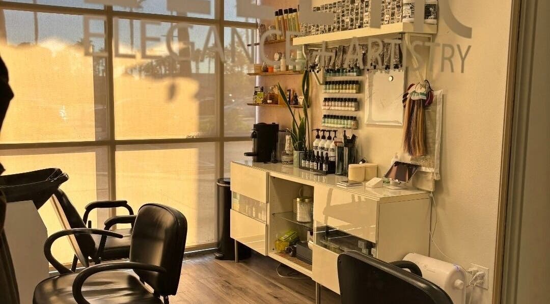 Interior of Elletic Salon Suite in Brea, California, US, showcasing modern decor and styling chairs.