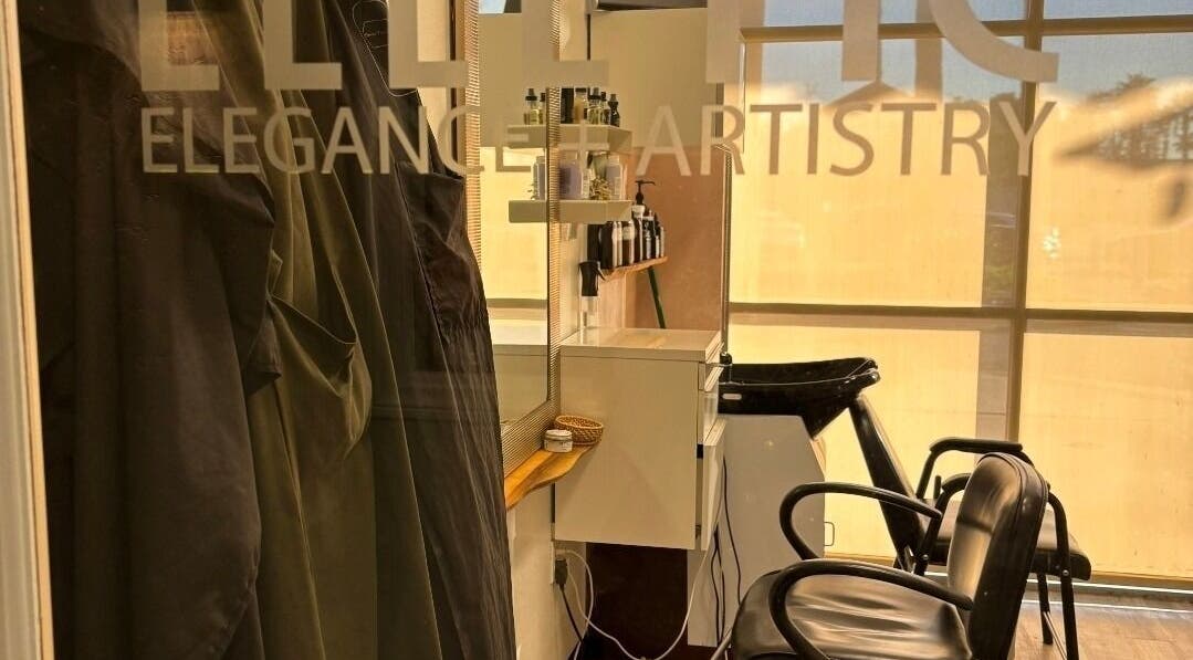 Interior of Elletic Salon Suite, Brea, California, US, showcasing chic stylist chairs and modern salon equipment.