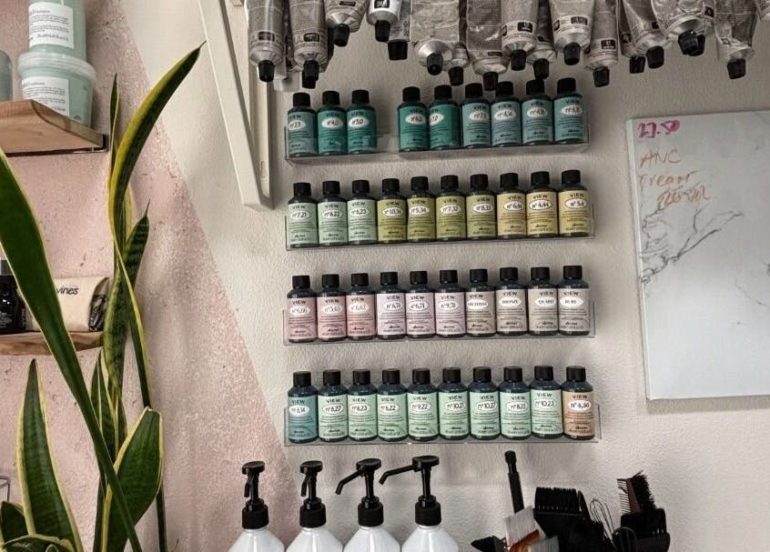 Color organized hair products at Elletic Salon Suite, Brea, California, US.