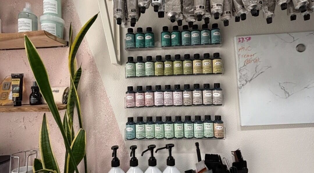 Colorful products and plants at Elletic Salon Suite, Brea, California, US.