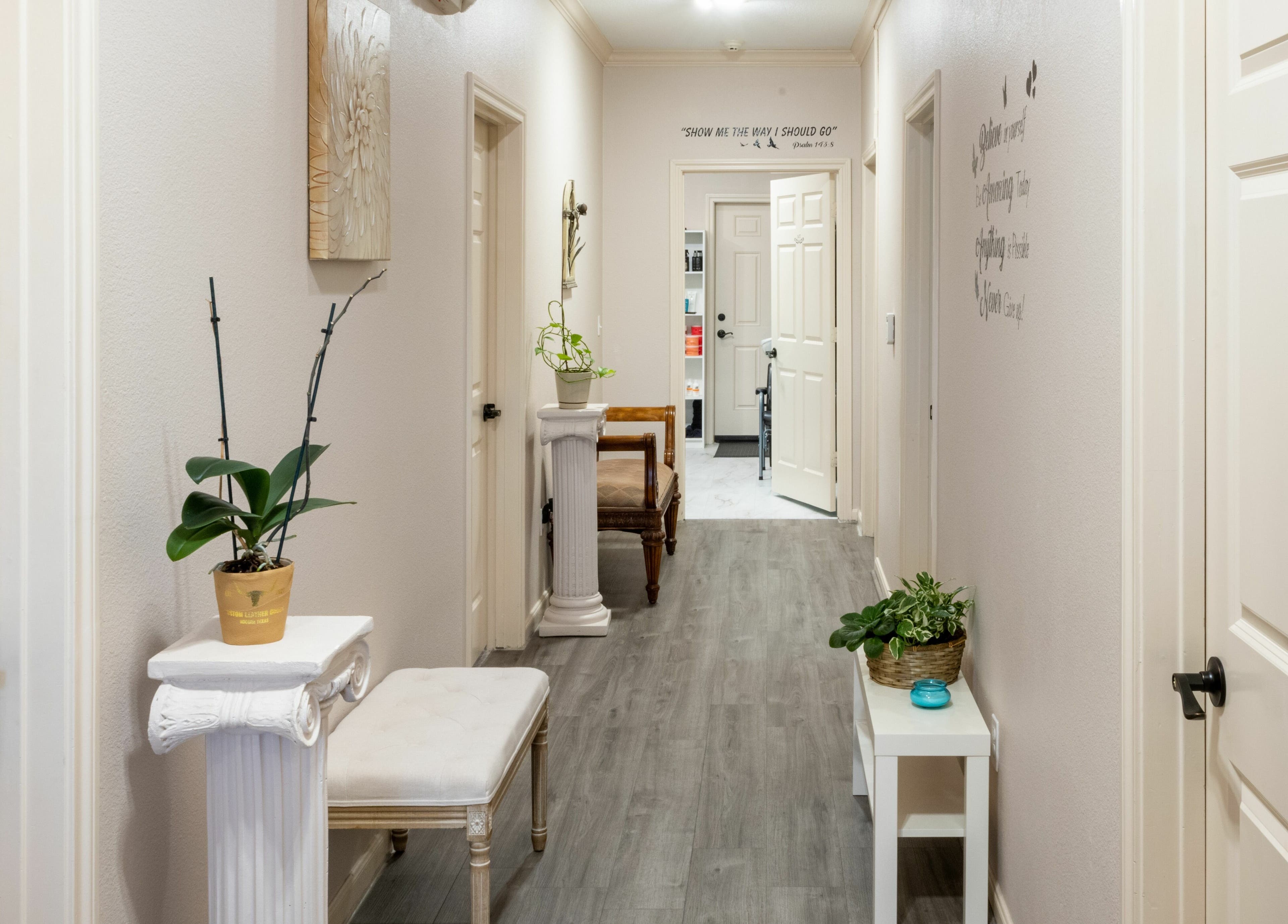 Bright, elegant hallway at Ageless Envy Retreat Med Spa in Katy, Texas, US with calming decor and greenery.