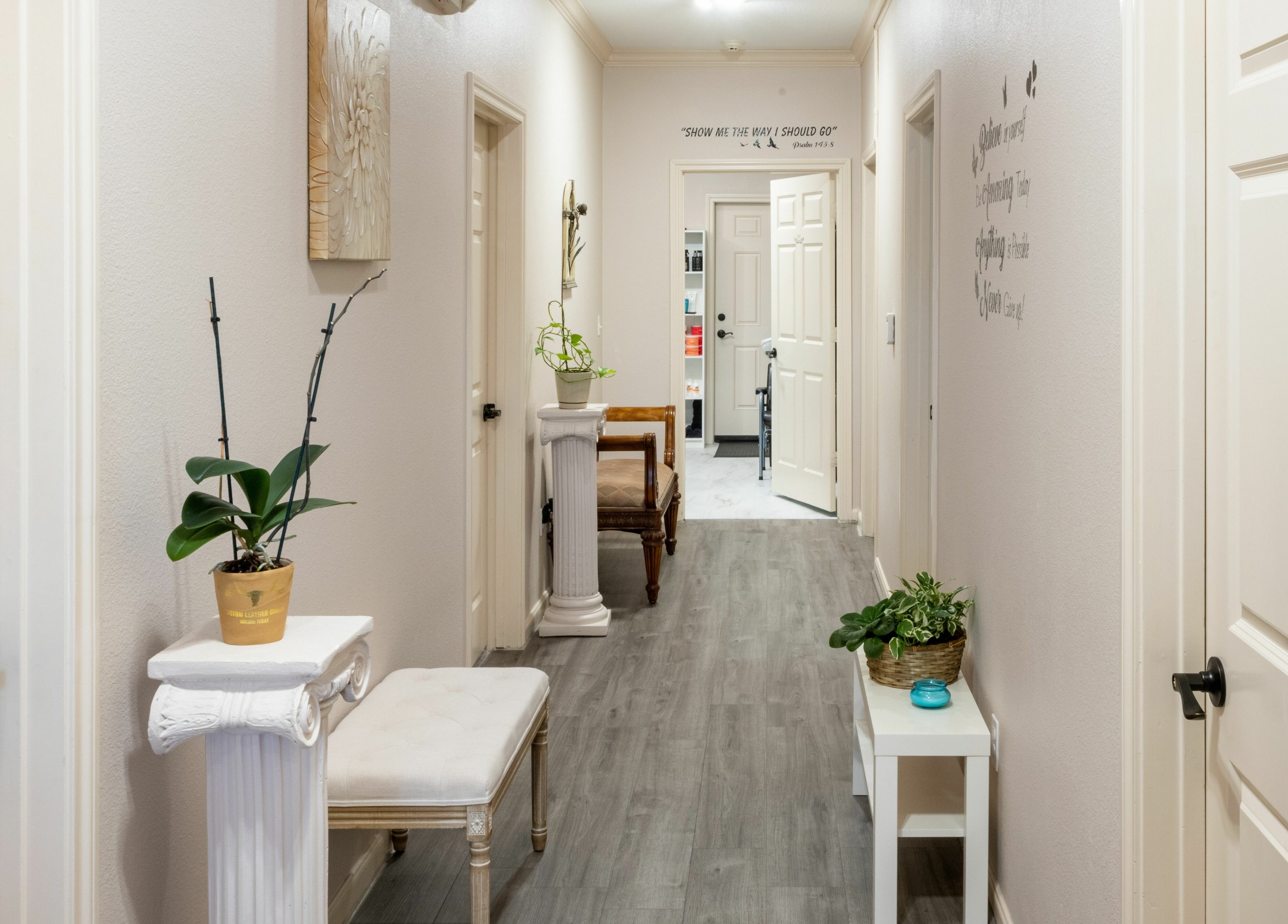 Bright, elegant hallway at Ageless Envy Retreat Med Spa in Katy, Texas, US with calming decor and greenery.