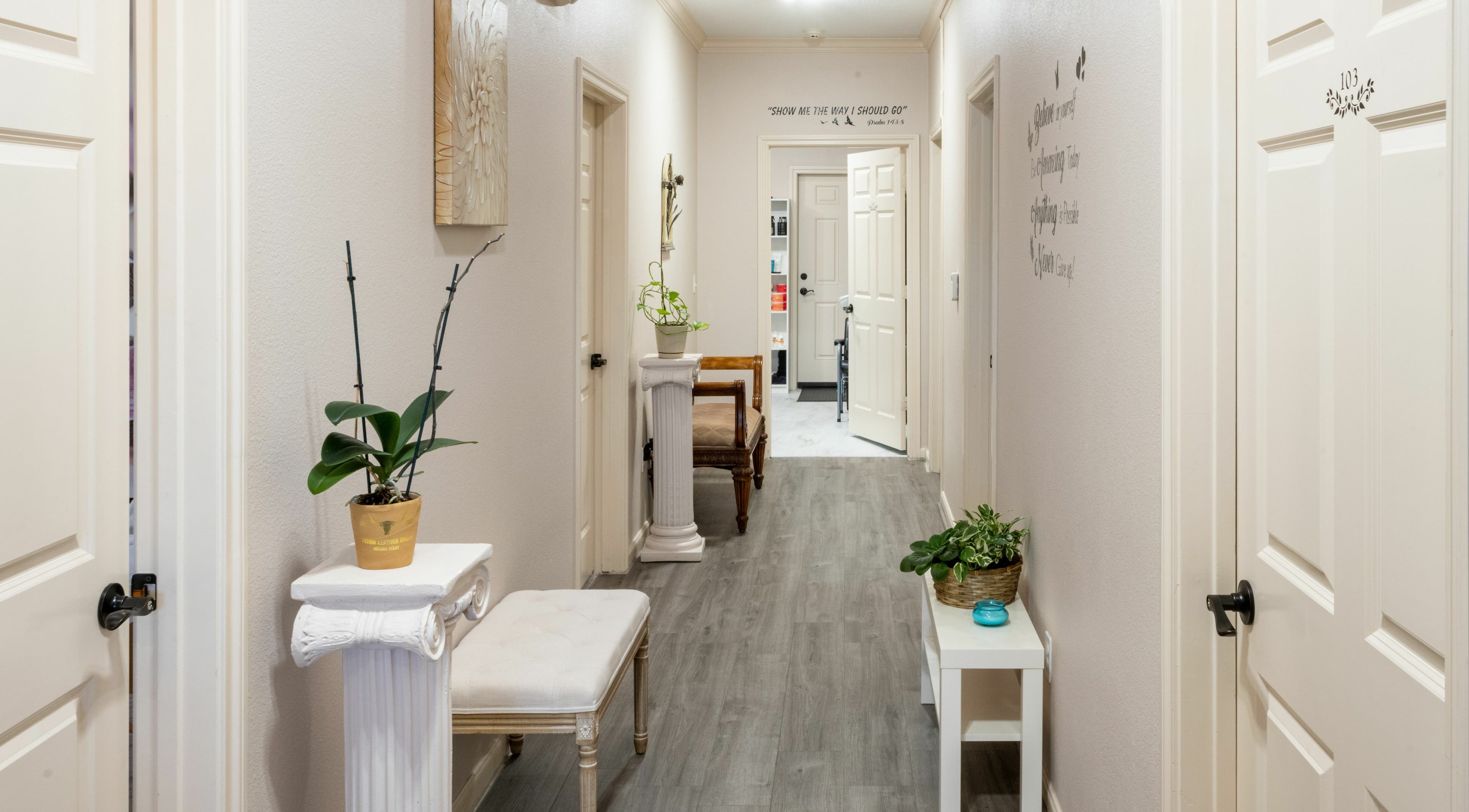 Bright, elegant hallway at Ageless Envy Retreat Med Spa in Katy, Texas, US with calming decor and greenery.