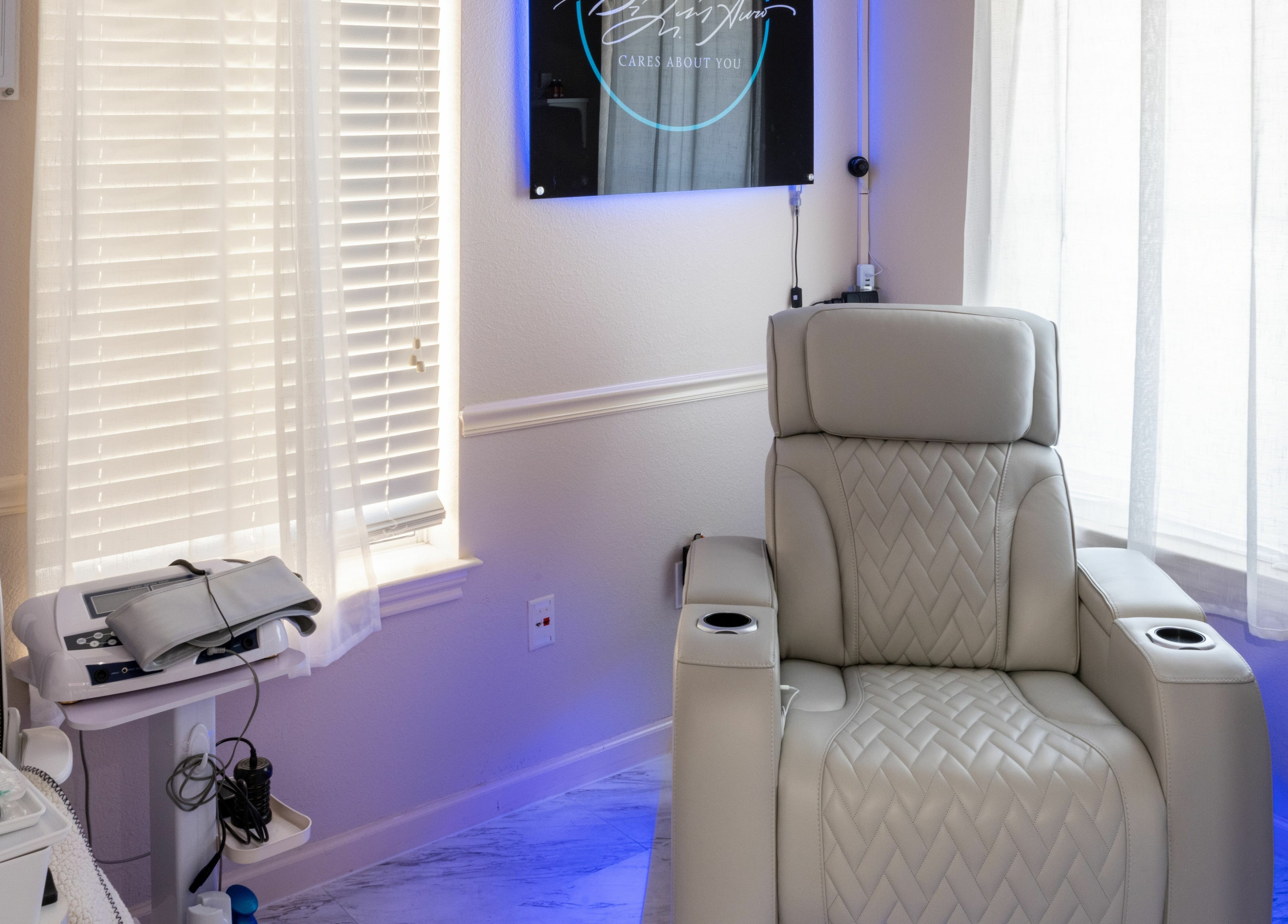 Luxurious treatment chair at Ageless Envy Retreat Med Spa in Katy, Texas, US, highlighted by natural lighting.