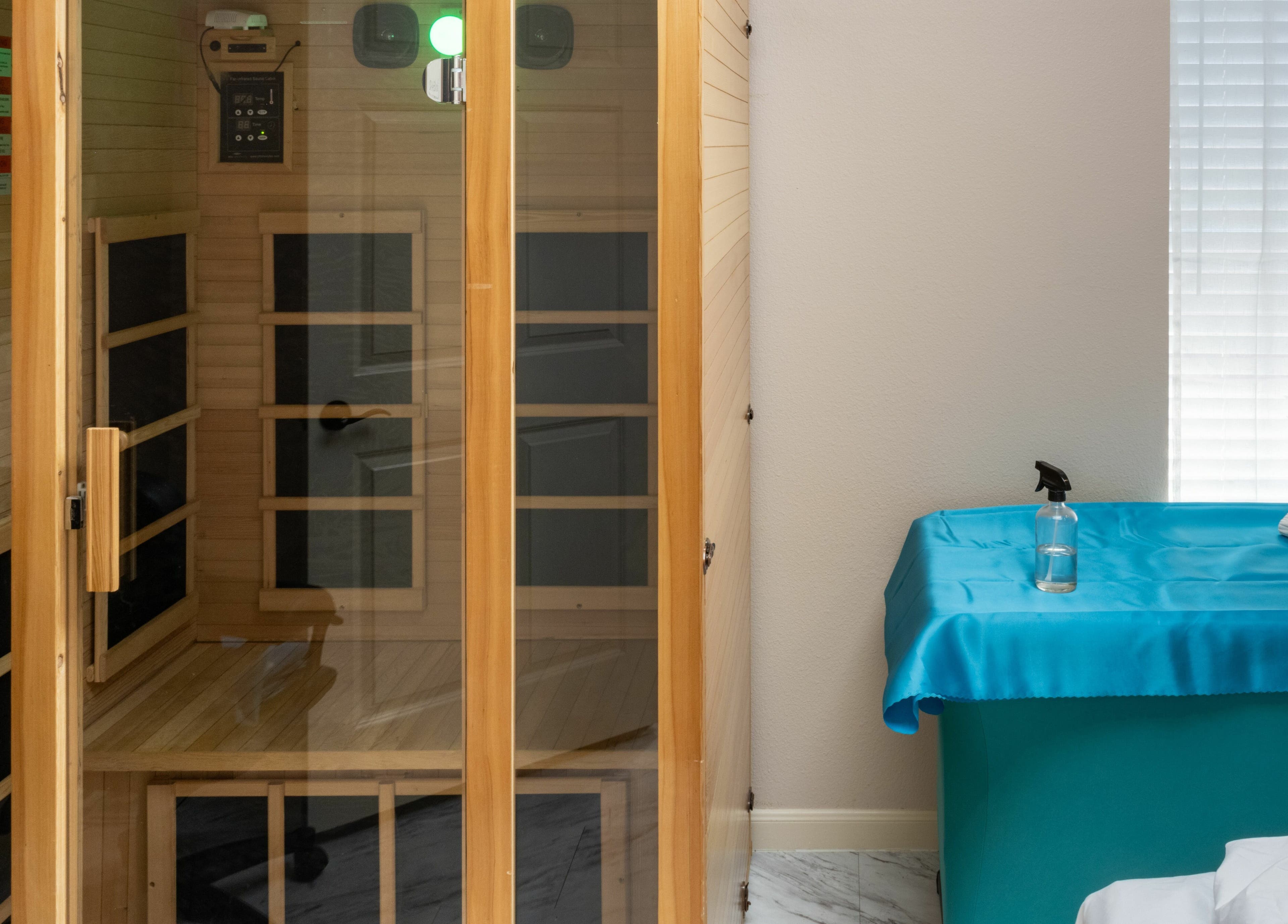 Cozy sauna and spa table at Ageless Envy Retreat Med Spa in Katy, Texas, US for relaxation and rejuvenation.