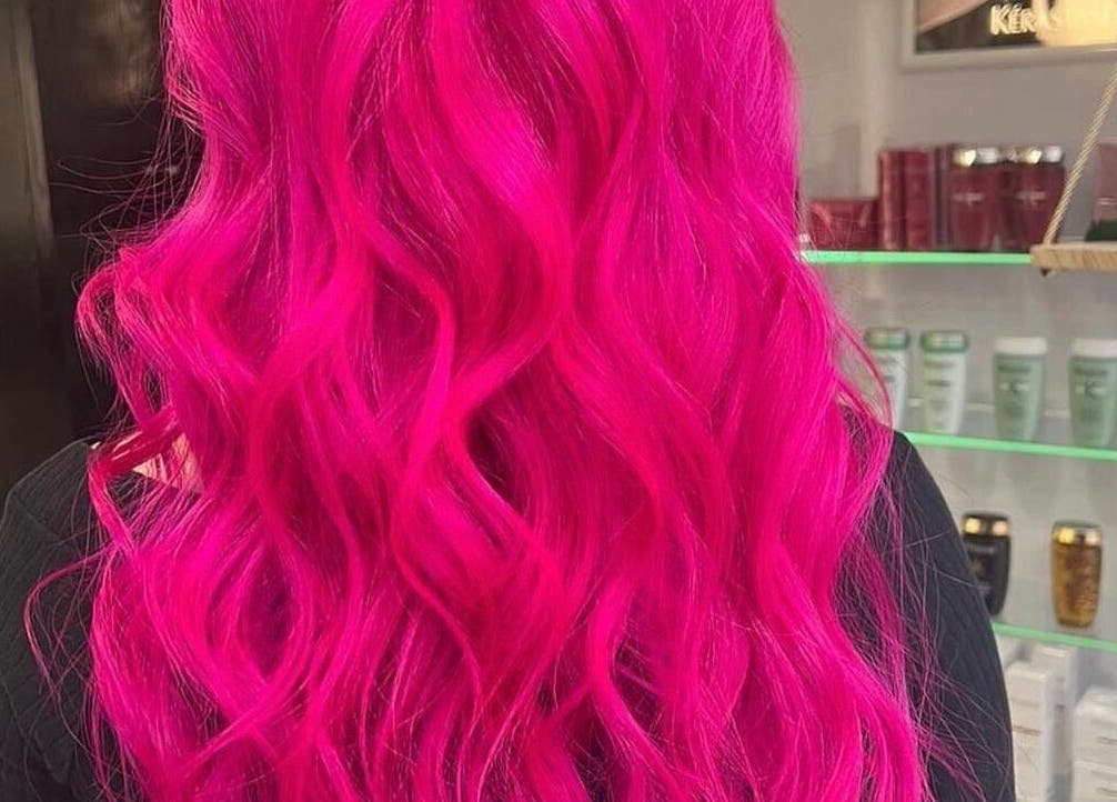 Bright pink wavy hairstyle at FLD - Hair by Freya Chobham, Chobham, England, GB.
