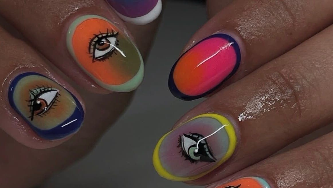 Vibrant eye-themed nail art by Tech Nailz, Cardiff, Wales, GB showcases artistic flair and color expertise.