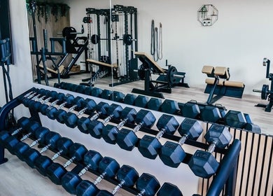 Gfit gym in Lavernock, Wales, GB, features modern strength training equipment and a well-organized dumbbell rack.