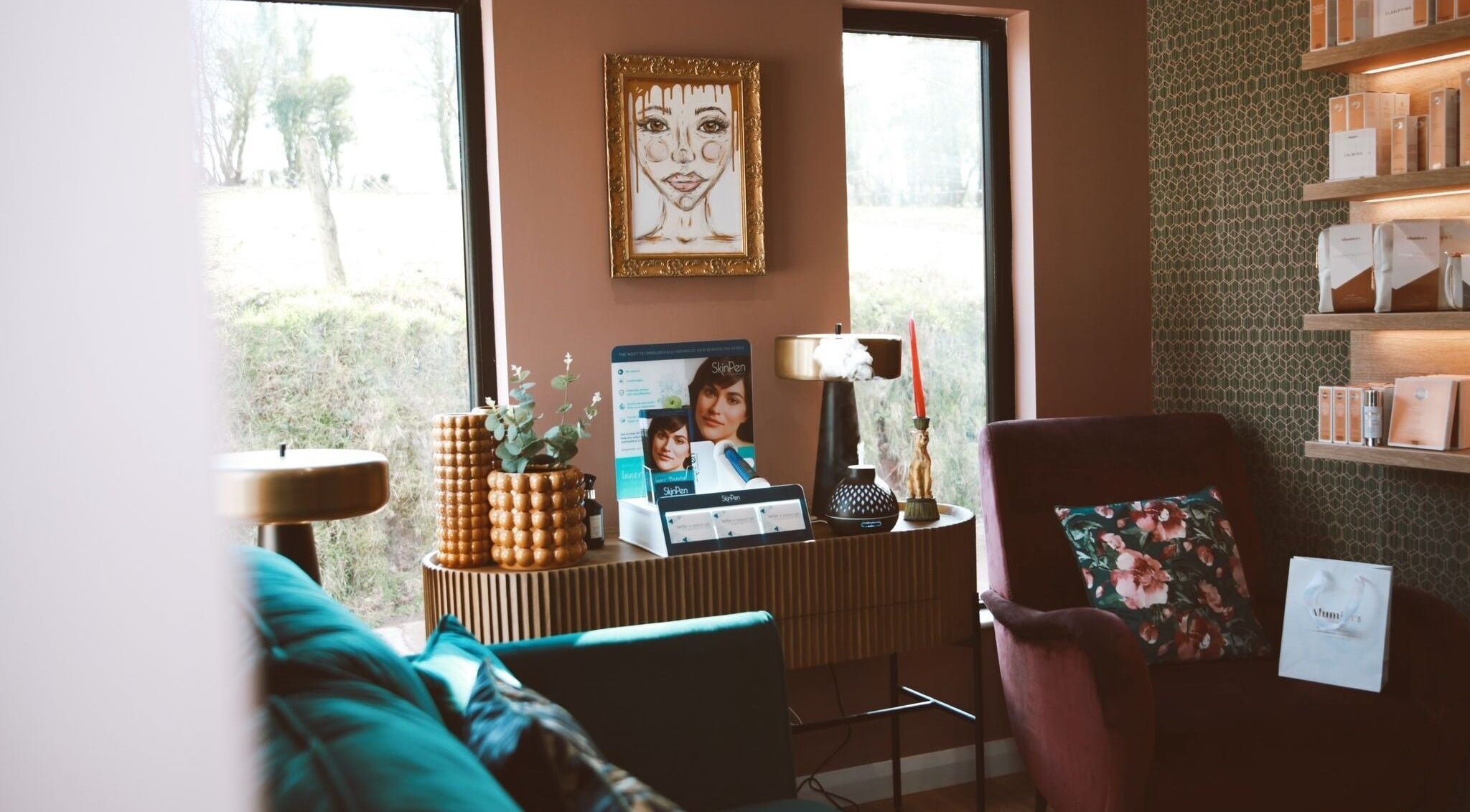 Inviting interior of Rosie Loughran Aesthetics, Ballygawley, Northern Ireland, GB; elegant decor and warm lighting.