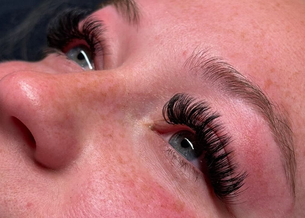 Close-up of elegant eyelash extensions at Maddy Bennetts, Loomis, California, US.