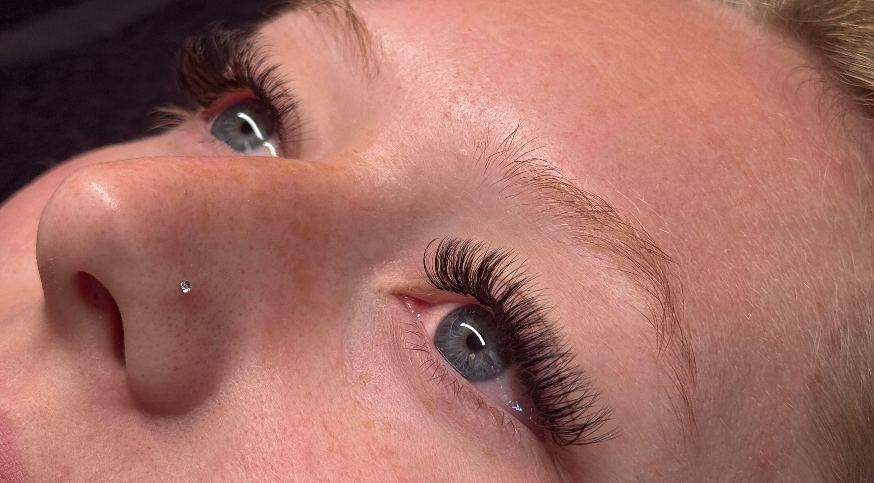 Close-up of elegant eyelash extensions by Maddy Bennetts in Loomis, California, US.
