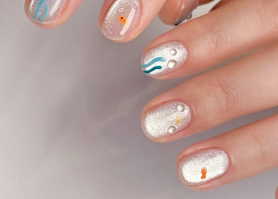 Stylish nautical-themed nail art at Luna Atelier, Burnaby, British Columbia, CA.