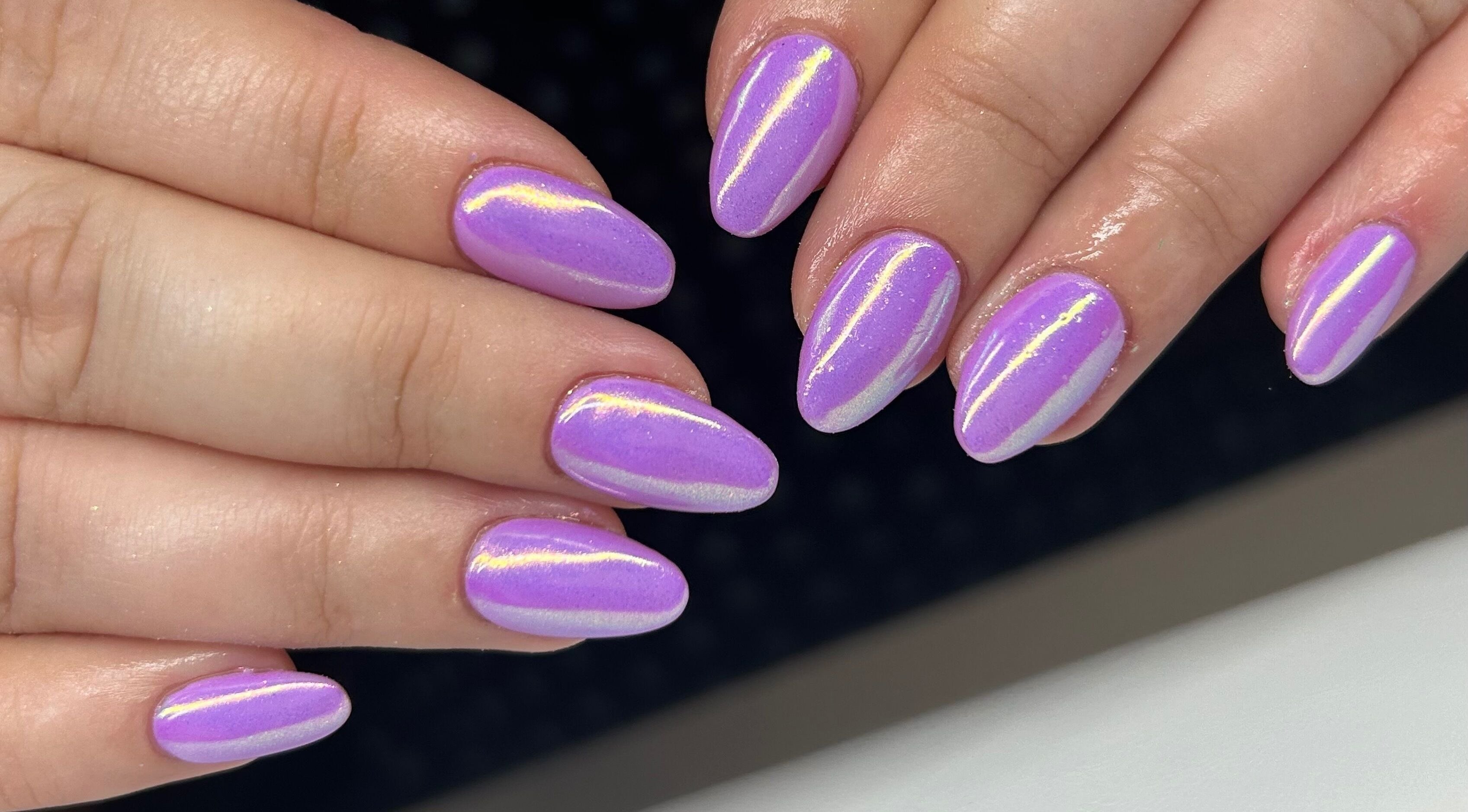 Lavender iridescent nails from Nails by Abby D, Plymouth, England, GB showcasing elegant craftsmanship.