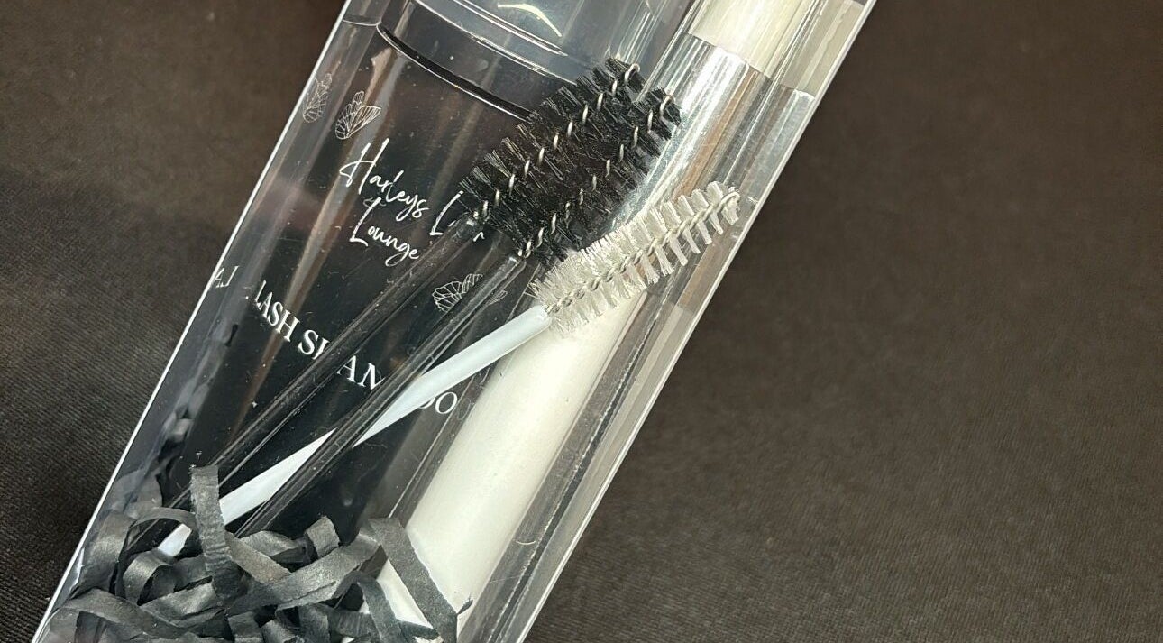 Lash care kit from Harley’s Lash Lounge, Nuneaton, England, GB, featuring brushes and lash shampoo.