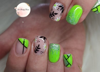 Vibrant floral neon nail art at The Beauty Room, Gqeberha, Eastern Cape, ZA, showcasing intricate design.
