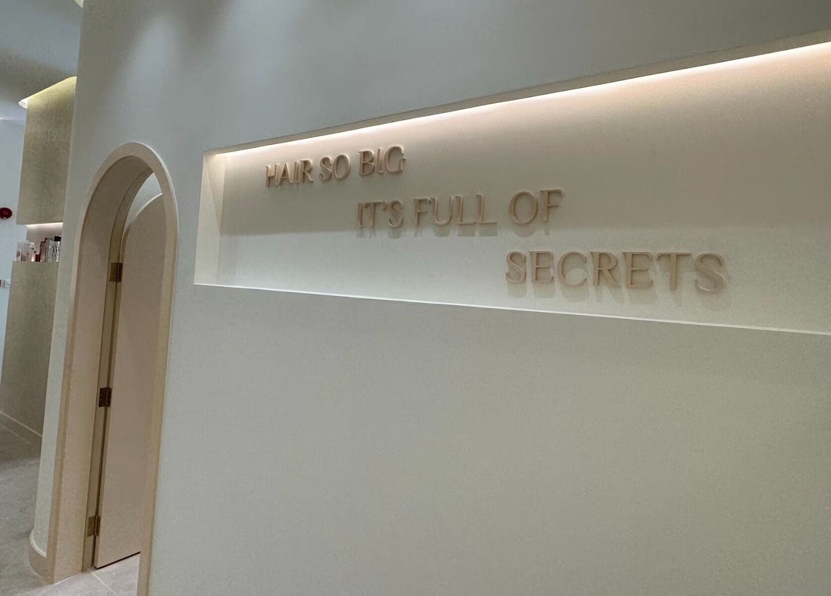 Stylish interior with arched door at The Nest Salon, Sobha Hartland, دبي, Dubai, AE. Wall text says 'Hair so big'.