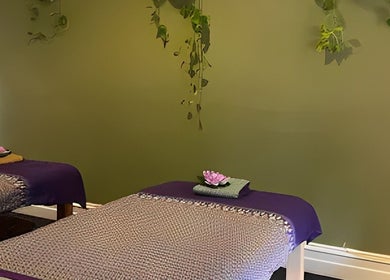 Serene massage room at Nina Thai & Remedial Massage, Melbourne, Victoria, AU with calming decor and twin beds.