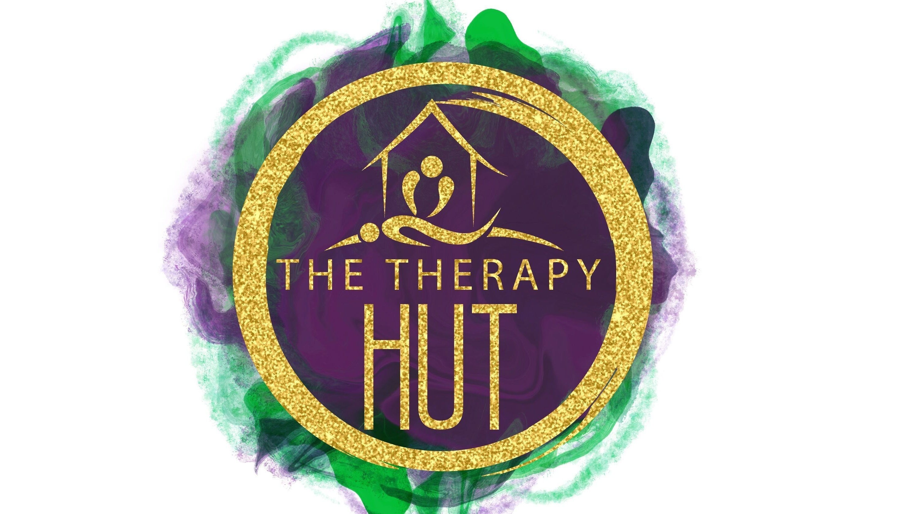 The Therapy Hut logo with gold circle on colorful watercolor background, Bishopton, Scotland, GB.