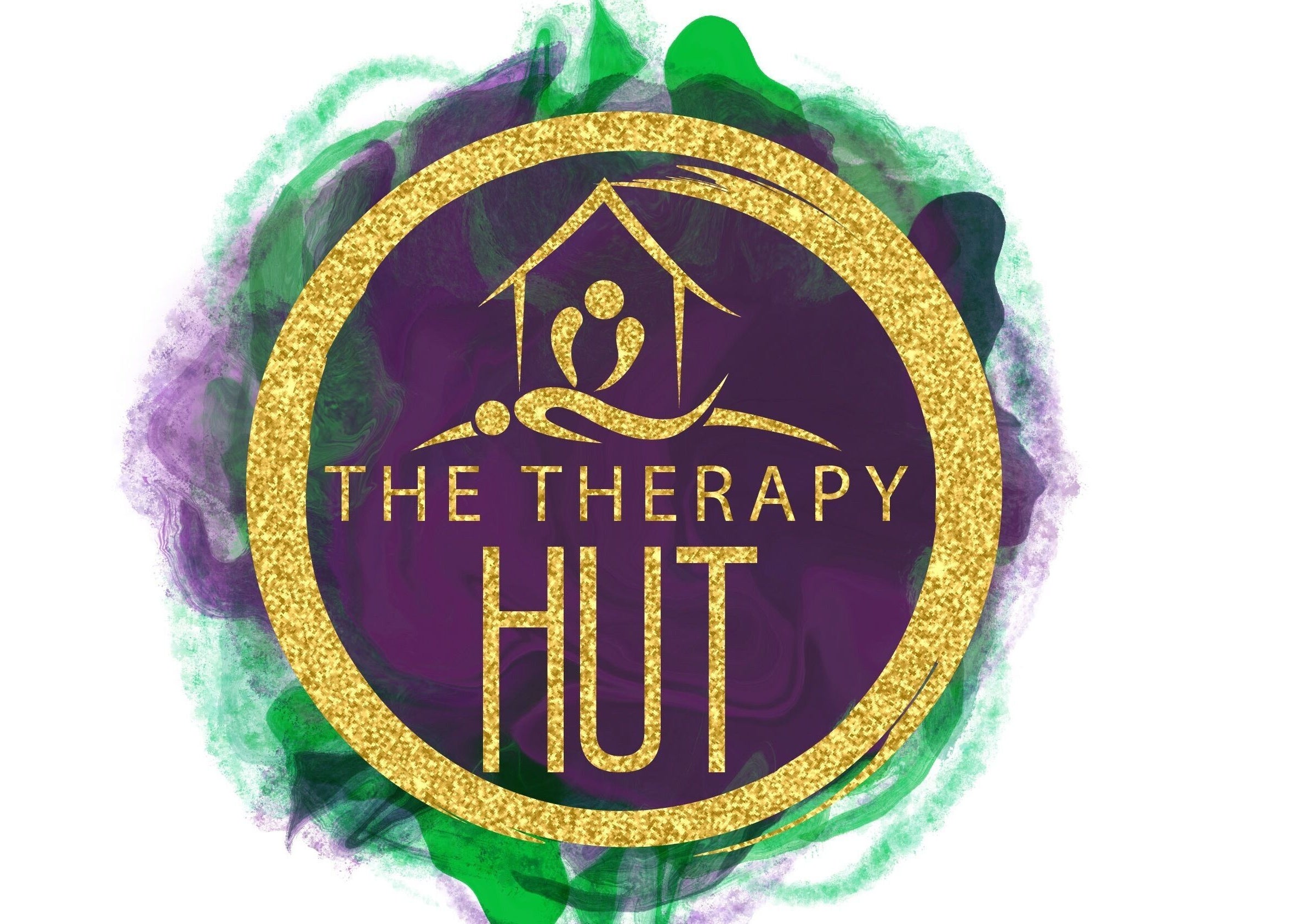 The Therapy Hut logo with gold circle on colorful watercolor background, Bishopton, Scotland, GB.