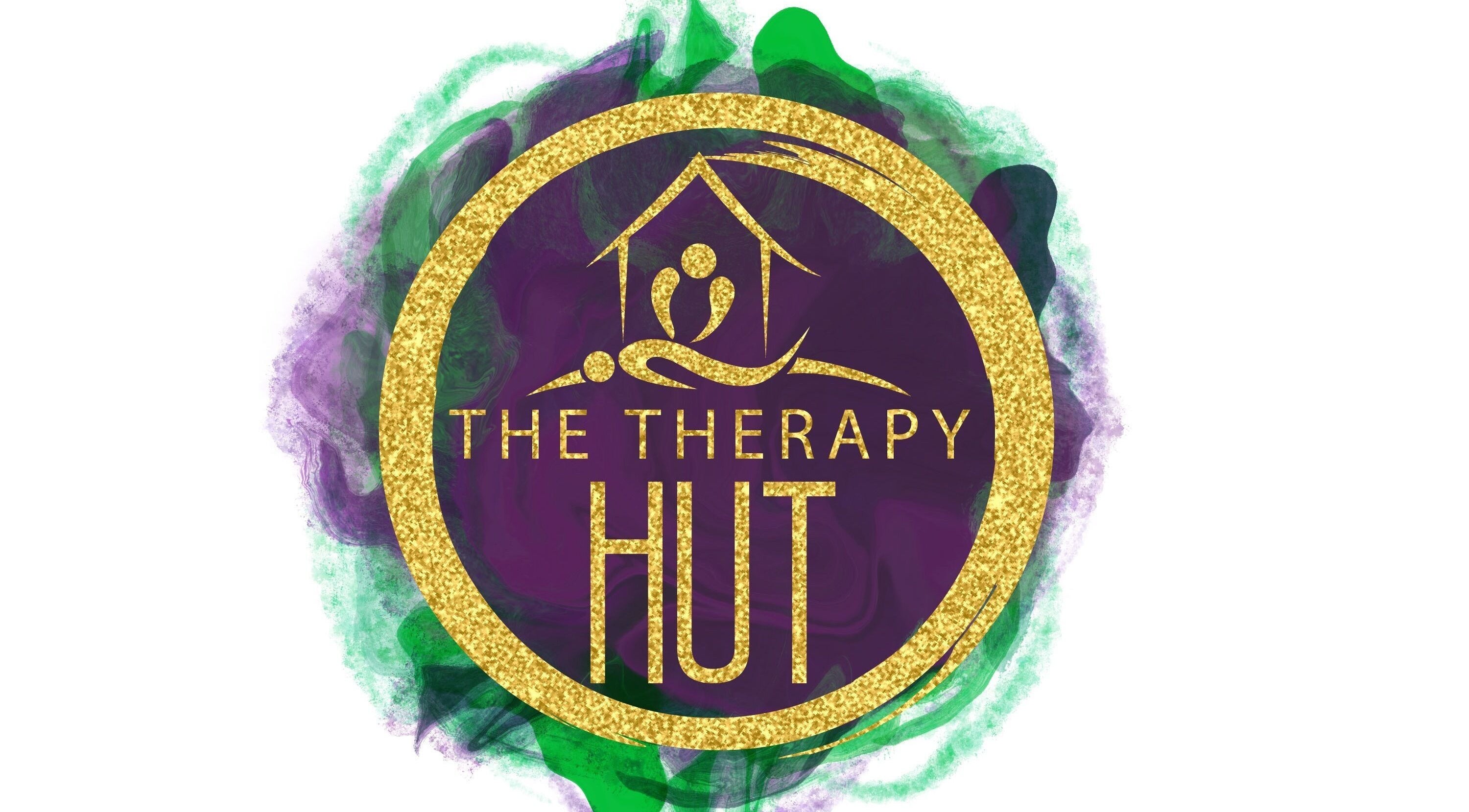 The Therapy Hut logo with gold circle on colorful watercolor background, Bishopton, Scotland, GB.
