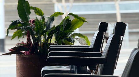 Elegant barber chairs at Brother Wolf St Kilda, Melbourne, Victoria, AU, with lush greenery decor.
