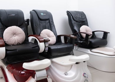 Elegant pedicure chairs at Brick Lane Nail Spa, London, England, GB offer comfort and style.