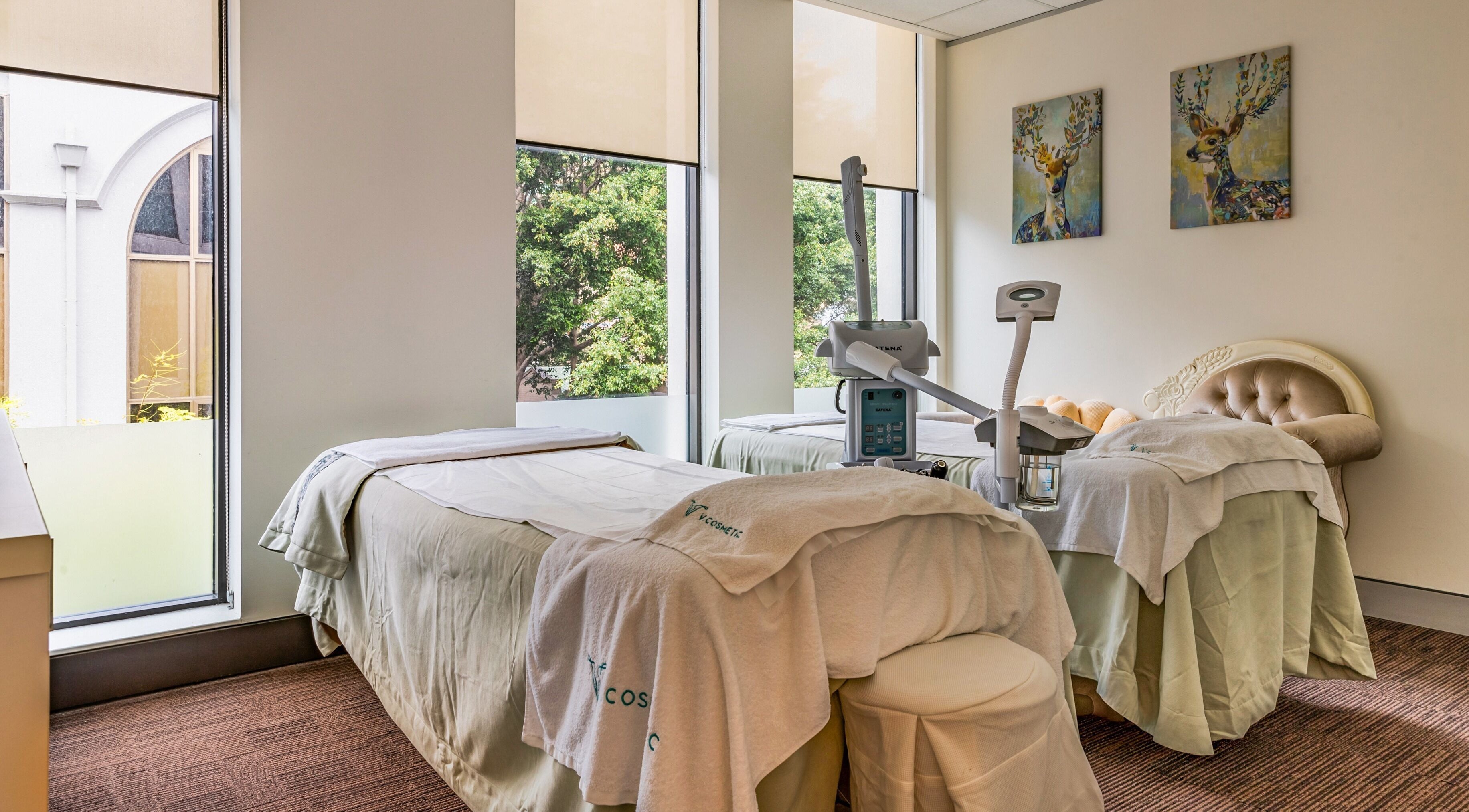 Peaceful treatment room at V Cosmetic in Haymarket, New South Wales, AU, featuring modern wellness amenities.