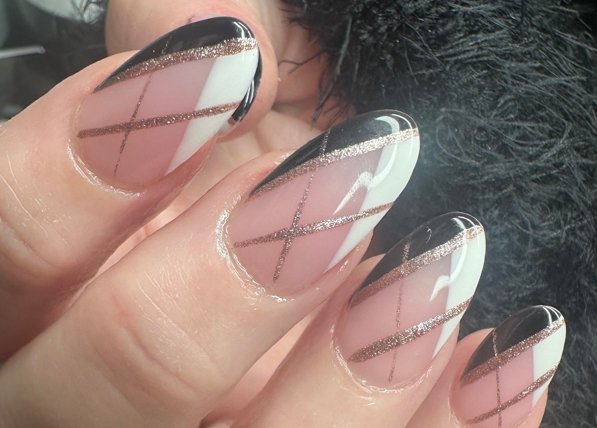 Elegant nail art with black and white design at Lush Hair and Nails, Stockton on Tees, England, GB.