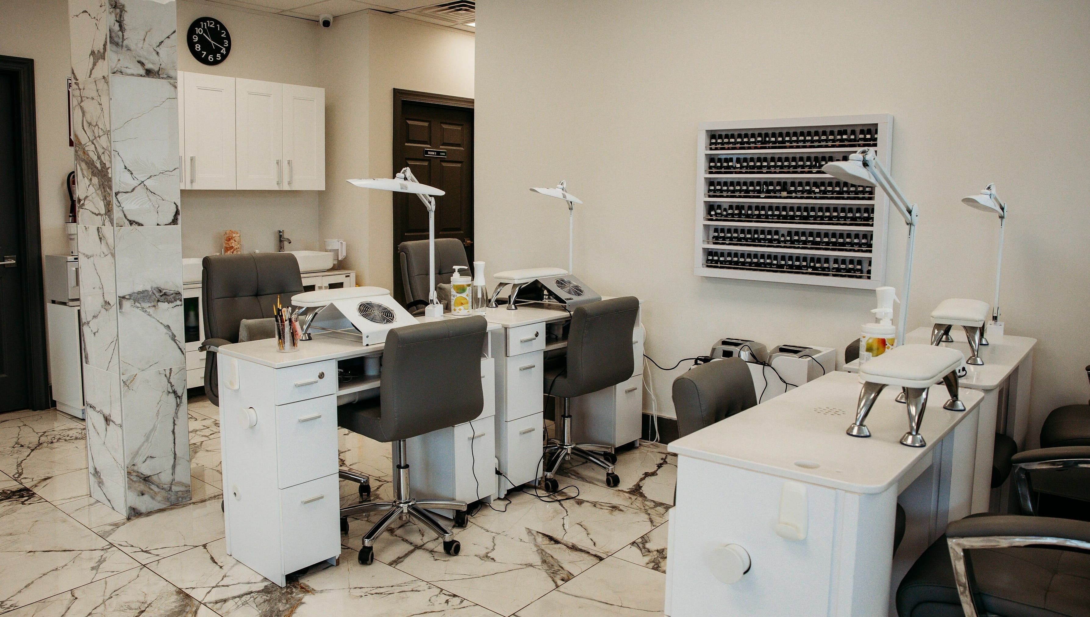 Modern nail salon interior at Oceanfront - Vogue Lashes and Spa, Virginia Beach, Virginia, US.