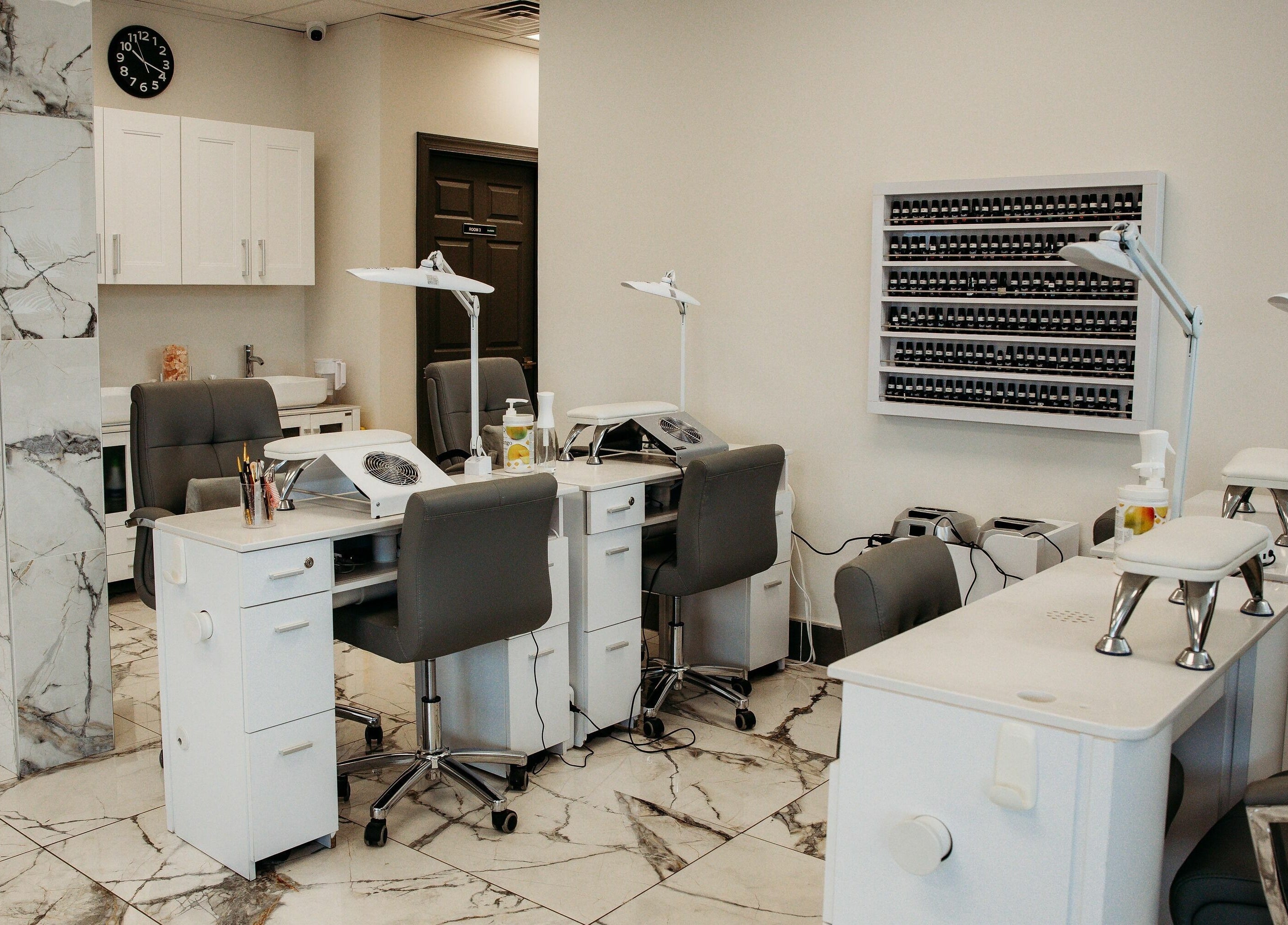 Modern nail salon interior at Oceanfront - Vogue Lashes and Spa, Virginia Beach, Virginia, US.