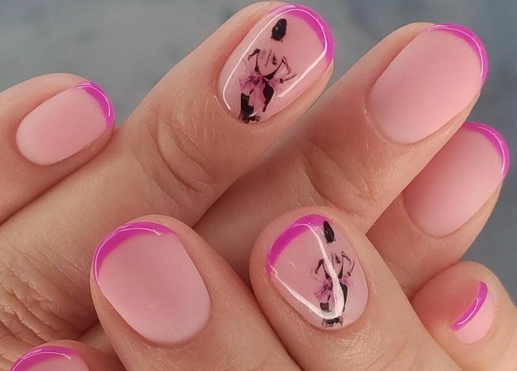 Stylish pink nails with artistic detail at At Marina Shores - Vogue Lashes and Spa, Virginia Beach, Virginia, US.