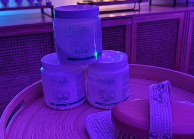 Spa room display featuring exfoliating scrubs at The Holistic Haven, Swindon, England, GB.